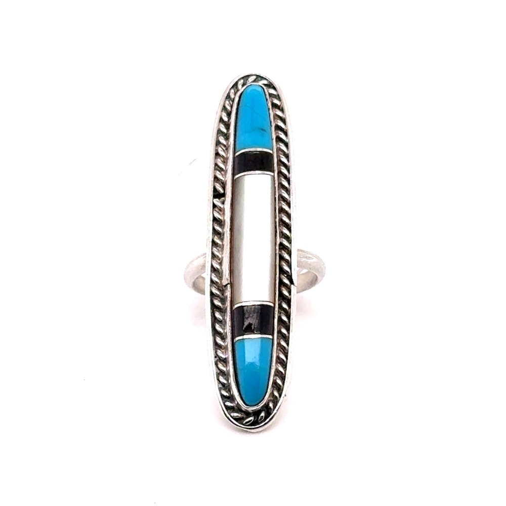Southwestern Sterling Silver Turquoise Onyx Mother of Pearl Inlay Long Ring Sz 5